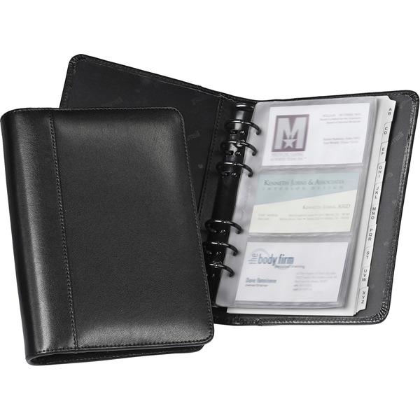 Samsill Regal Leather Business Card Binders - 120 Capacity Width - 6-ring Binding - Refillable - Black Leather Cover