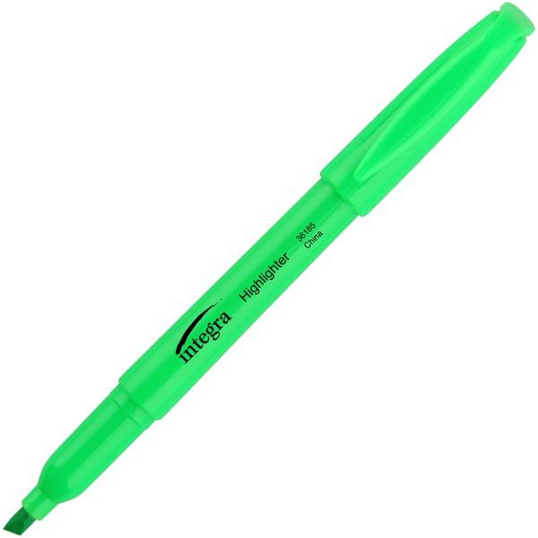 Integra Pen Style Fluorescent Highlighters - Chisel Marker Point Style - Green - 12 / Dozen