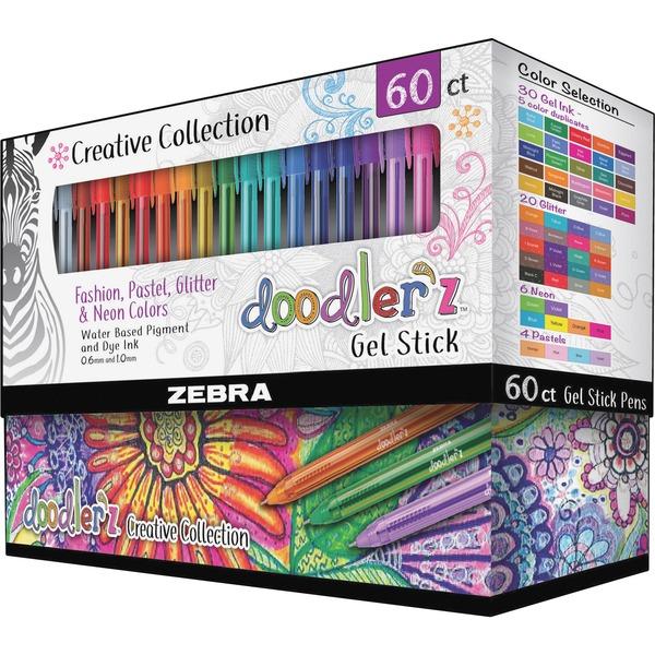 Zebra Pen Doodler'z Gel Stick Pen 1.0mm Assorted 60Pk - Bold Pen Point - 1 mm Pen Point Size - Needle Pen Point Style - Metallic, Neon, Assorted Water Based, Dye-based, Pigment-based Ink - Translucent