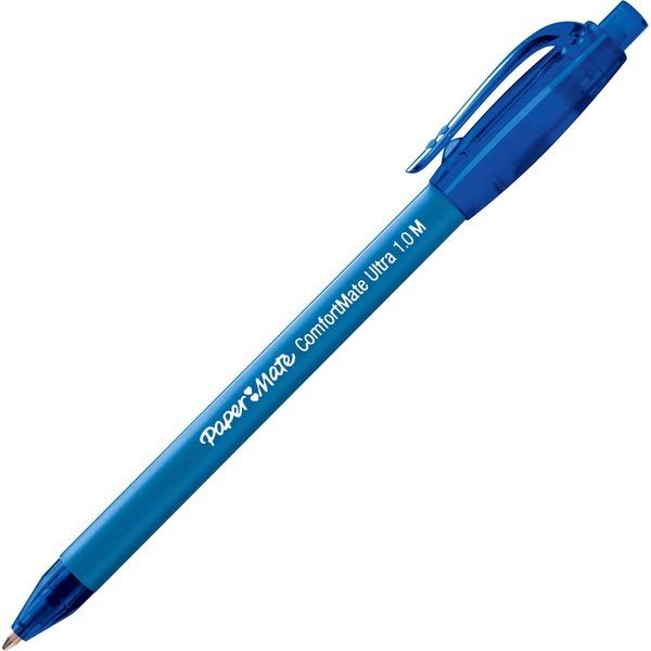 Paper Mate Comfort Mate Retractable Pens - Medium Pen Point - Retractable - Blue - Rubber Barrel - 12 / Dozen