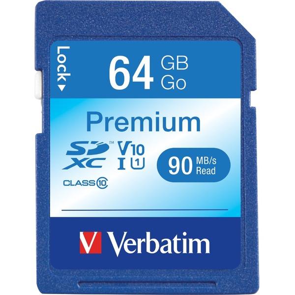 Verbatim 64GB Premium SDXC Memory Card, UHS-I Class 10 - Class 10/UHS-I (U1) - 90 MB/s Read1 Pack - 300x Memory Speed