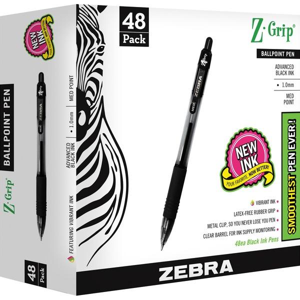 Zebra Pen Z-Grip Retractable Ballpoint Pens - Medium Pen Point - 1 mm Pen Point Size - Retractable - Black - Clear Plastic Barrel - 48 / Pack