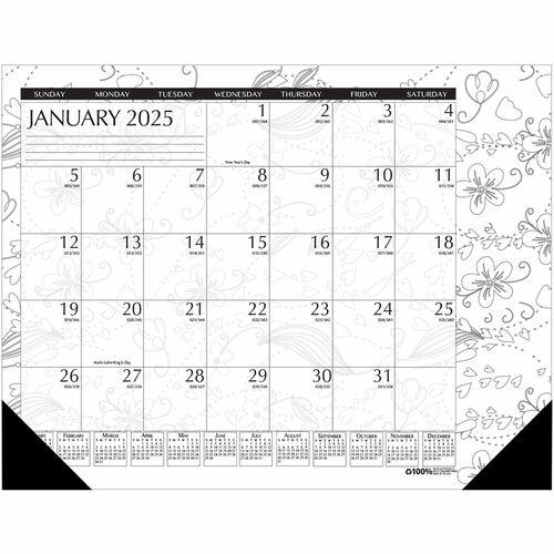 House of Doolittle Doodle Monthly Desk Pad - Julian Dates - Monthly - 1 Year - January 2025 till December 2025 - 1 Month Single Page Layout - Desk Pad - Black/White - Paper - 13