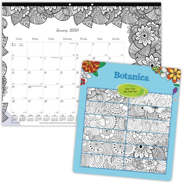 Blueline Botanica Design Monthly Desk Pad - Julian - Monthly - January 2020 till December 2020 - 1Month Single Page Layout - Desk Pad - White - Chipboard - Eyelet, Tear-off, Compact, Reinforced - 22