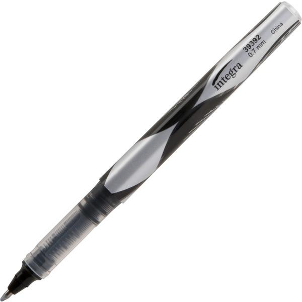 Integra Liquid Ink Rollerball Pens - Fine Pen Point - 0.7 mm Pen Point Size - Black - Black Barrel - Metal Tip - 12 / Dozen