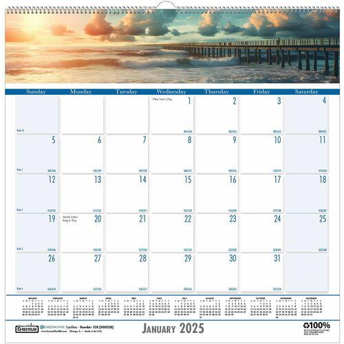  Coastlines Monthly Wall Calendar - Julian Dates - Daily, Weekly, Monthly - Jan. 2025 till Dec. 2025 - Wire Bound - Wall Mountable - Sea Blue - 12