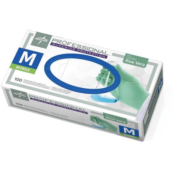 Medline Professional Series Aloetouch Gloves - Medium Size - Nitrile - Green - Beaded Cuff, Latex-free, Powder-free, Non-sterile, Textured - For Laboratory Application - 100 / Box - 5.9 mil Thickness